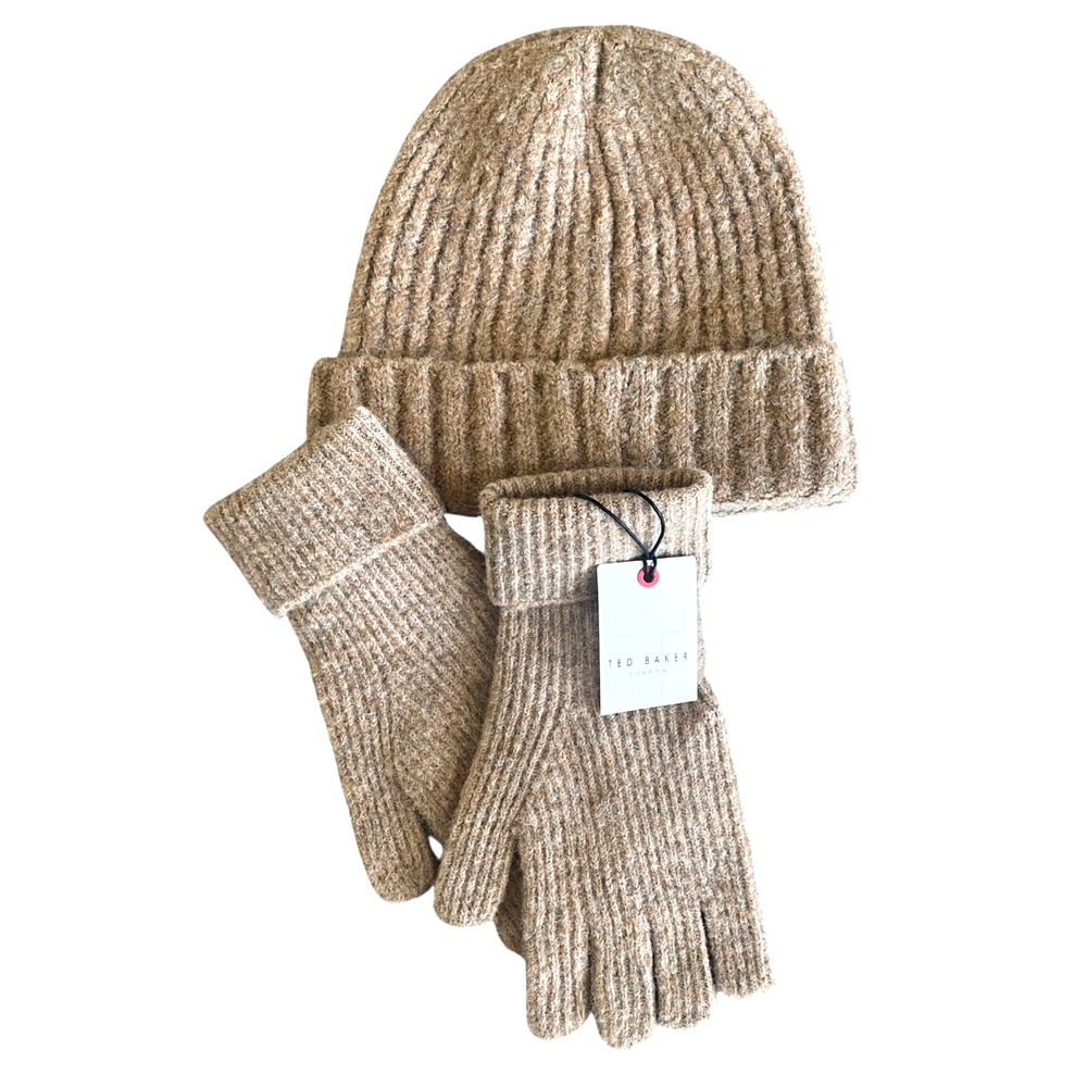 TED BAKER Women's Heather Brown Wool Blend Brite Knit Winter Hat & Glove Set NWT